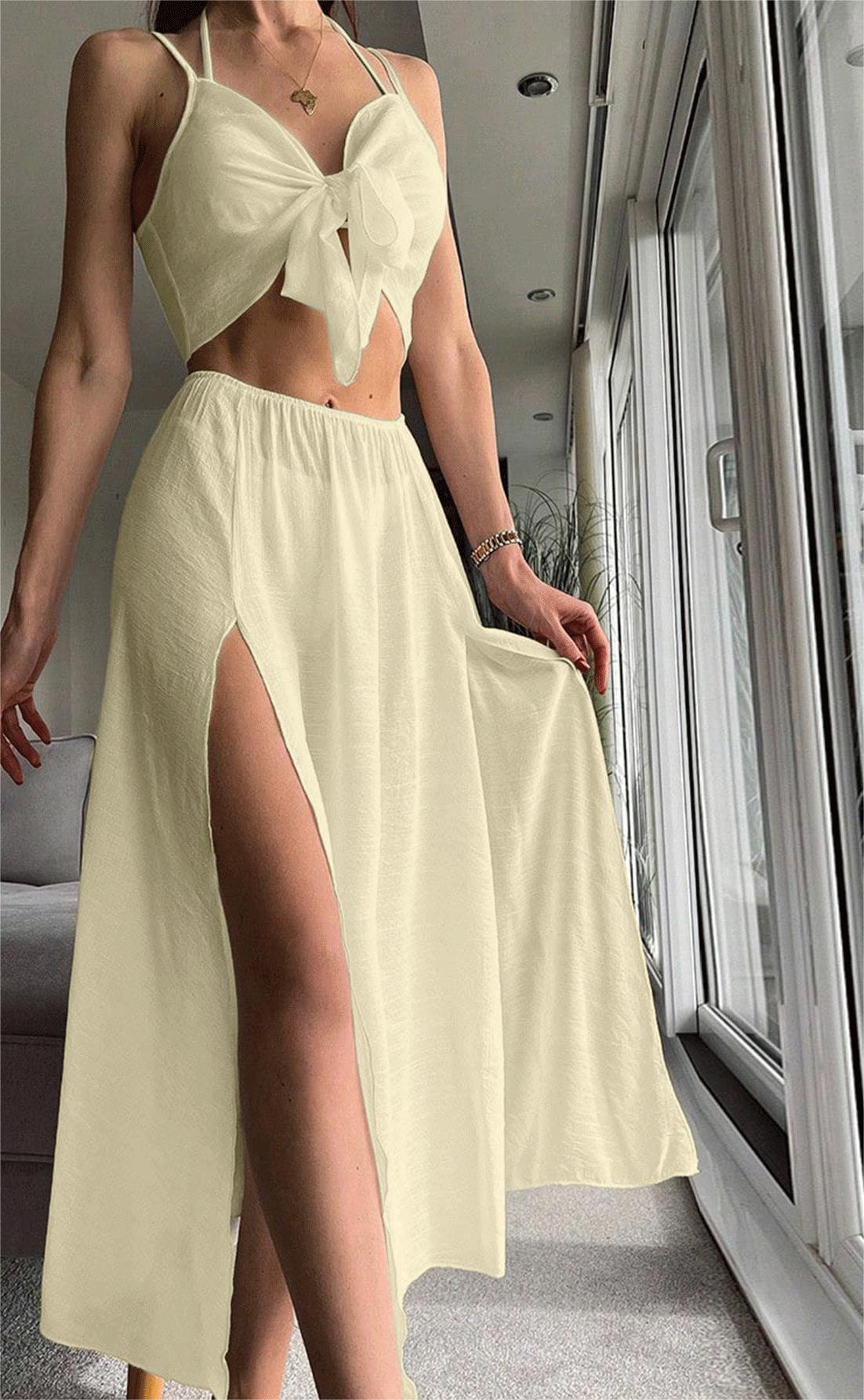 Beach Cover Up Sexy Dress Beach Two Piece Set Seaside Vacation Strap Skirt Set Women Menara