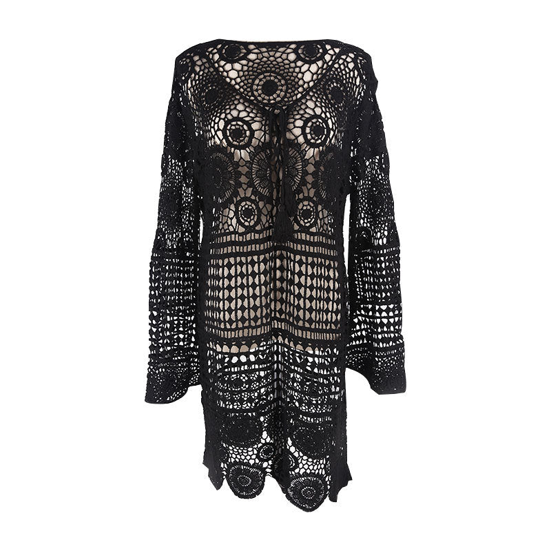 Bell Sleeve Water Soluble Hollow Out Cutout Loose Beach Cover Up Sun Proof Vacation Beach Dress Women Swimsuit Outer Wear EvenStar