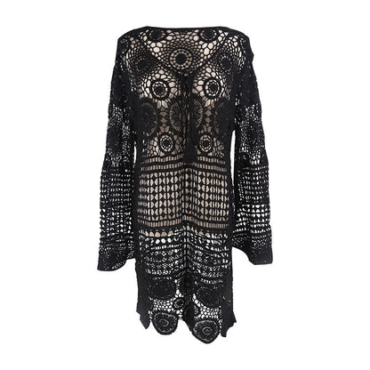 Bell Sleeve Water Soluble Hollow Out Cutout Loose Beach Cover Up Sun Proof Vacation Beach Dress Women Swimsuit Outer Wear