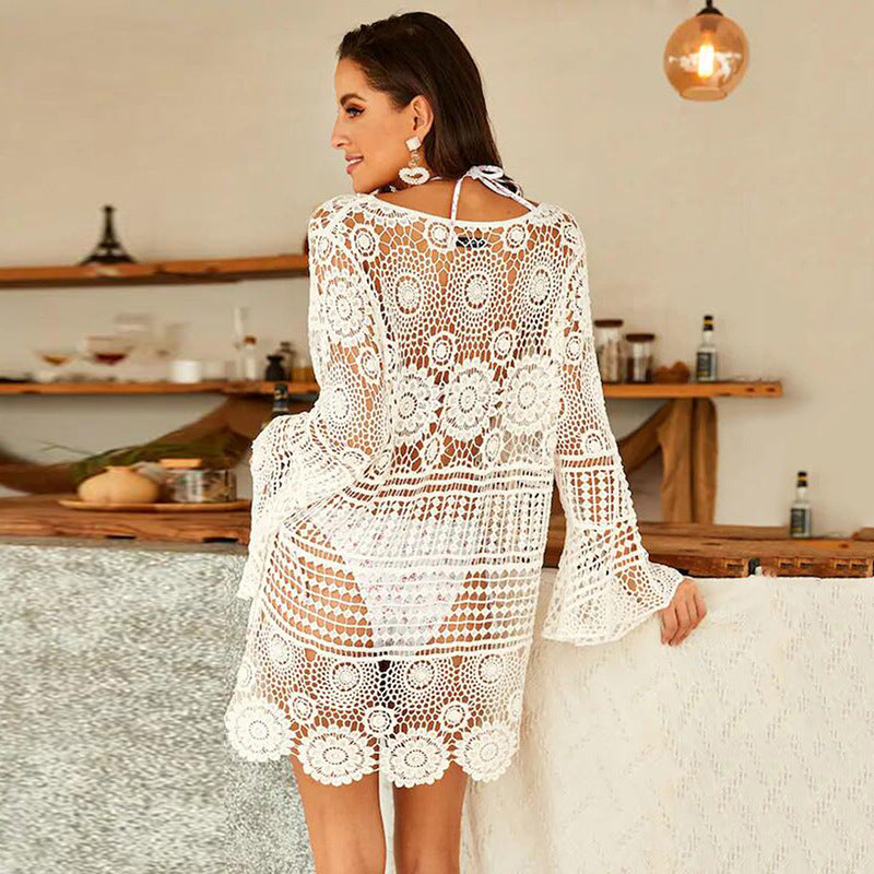 Bell Sleeve Water Soluble Hollow Out Cutout Loose Beach Cover Up Sun Proof Vacation Beach Dress Women Swimsuit Outer Wear EvenStar