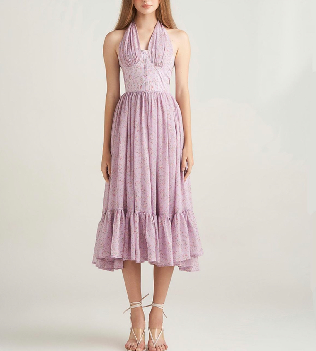 Spring Summer Blogger French Girl Purple Floral Halter Dress ZDShop