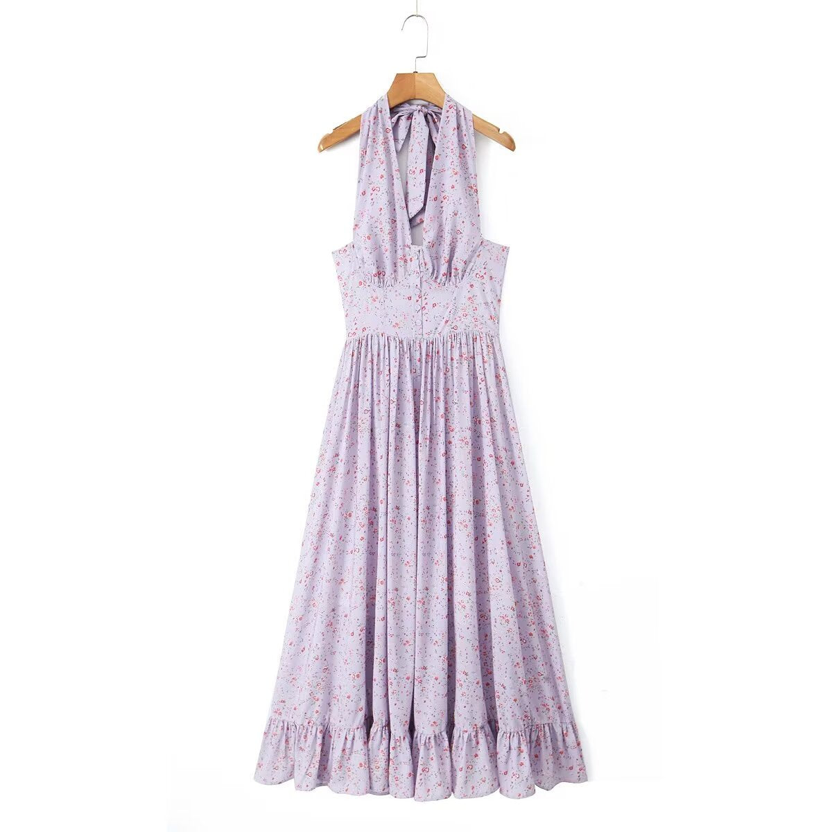 Spring Summer Blogger French Girl Purple Floral Halter Dress ZDShop
