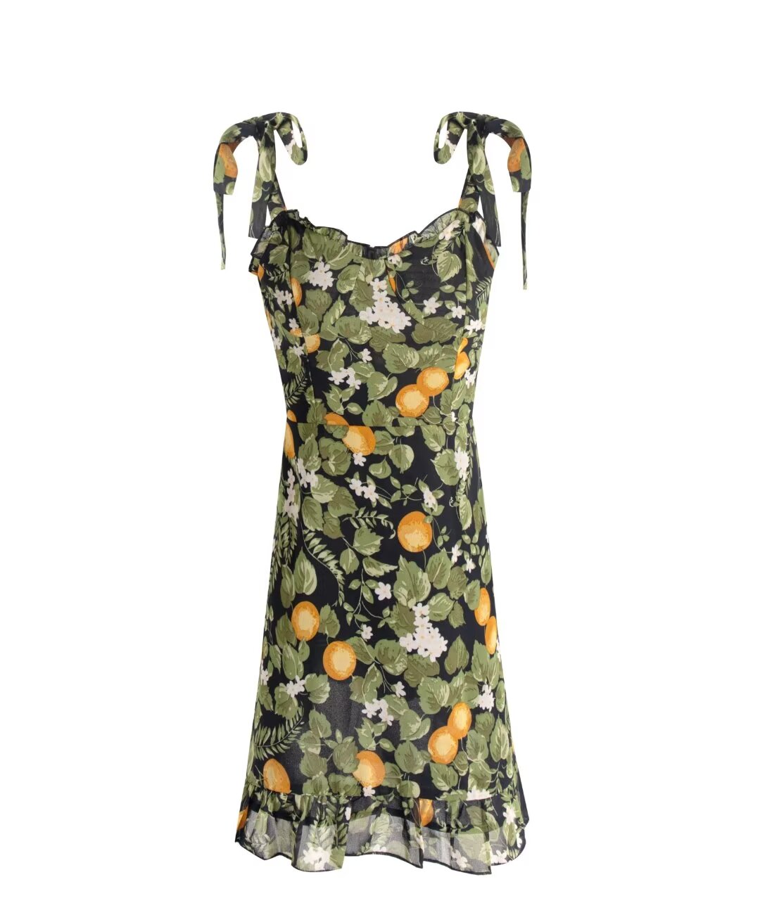 Seaside Vacation Sling Dress Women French Retro V neck Wooden Ear Slim Fit Lemon Printing Mini Dress PullWind