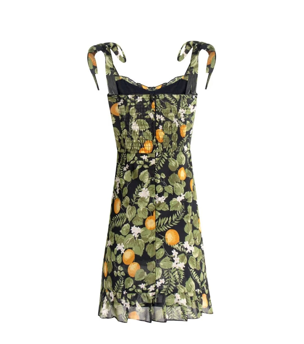 Seaside Vacation Sling Dress Women French Retro V neck Wooden Ear Slim Fit Lemon Printing Mini Dress PullWind