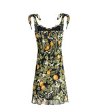 Seaside Vacation Sling Dress Women French Retro V neck Wooden Ear Slim Fit Lemon Printing Mini Dress PullWind