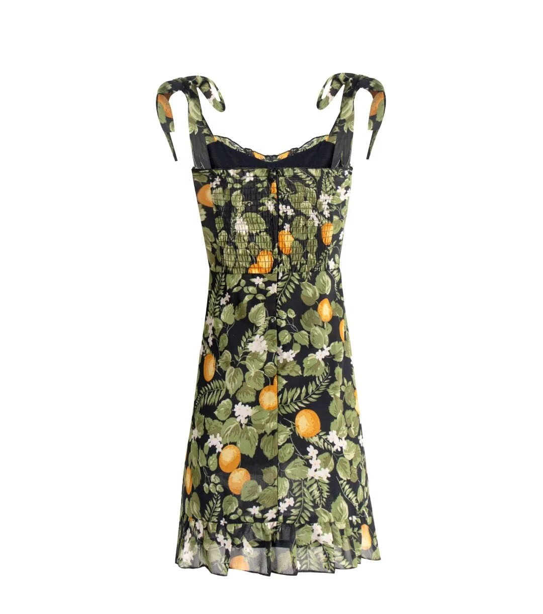Seaside Vacation Sling Dress Women French Retro V neck Wooden Ear Slim Fit Lemon Printing Mini Dress PullWind