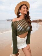 Spring Summer Summer Women Bell Sleeve Loose round Neck Hollow Out Cutout out Women Knitwear SERENDIPITY