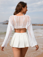 Spring Summer Summer Women Bell Sleeve Loose round Neck Hollow Out Cutout out Women Knitwear SERENDIPITY