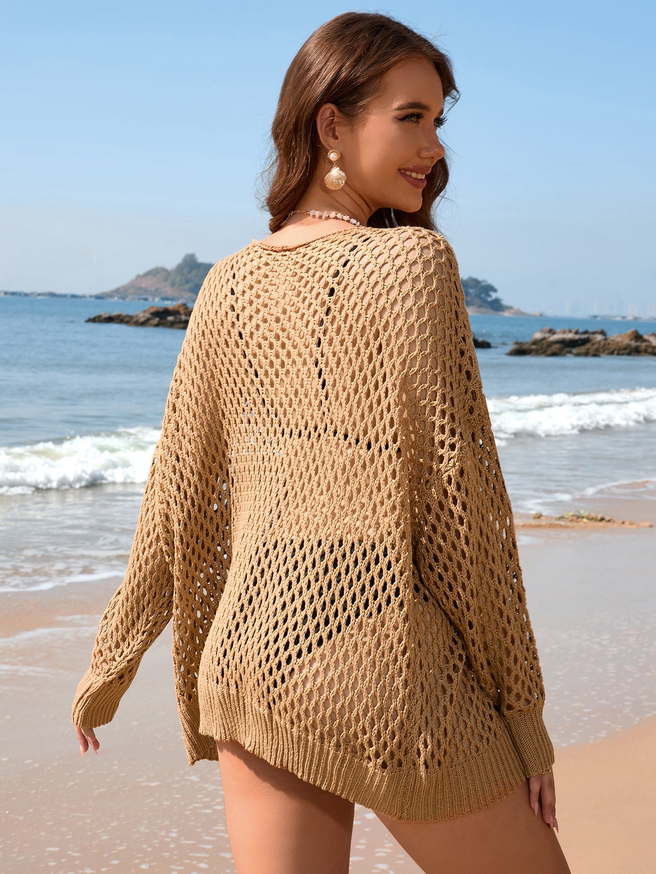 Llegada de verano, prendas de punto de manga larga, color sólido, sueltas, cuello redondo, ahuecadas, recortes, prendas de punto para mujer