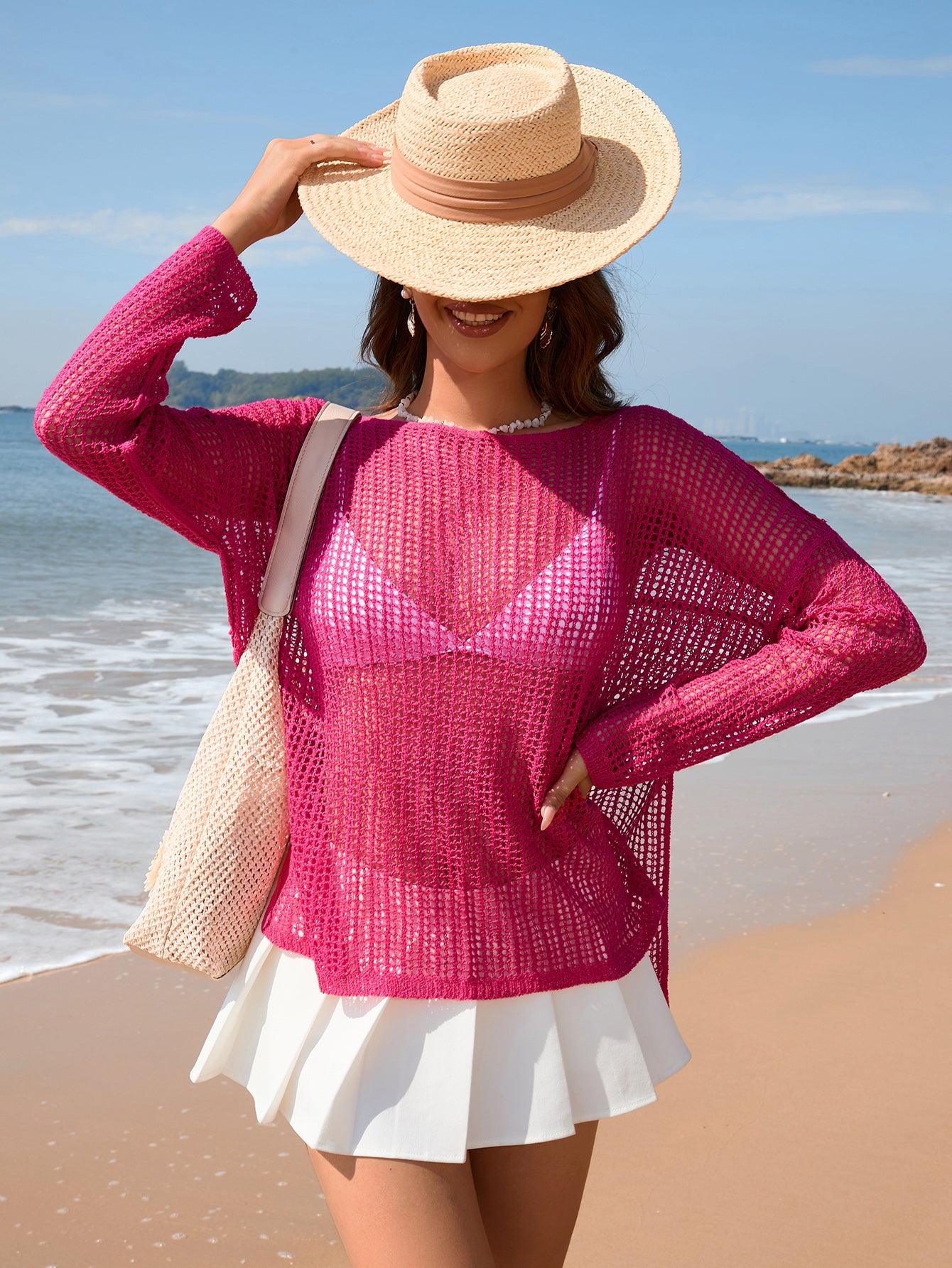 Blusa de primavera y verano de color liso con manga larga de punto para vacaciones, prenda de punto para mujer