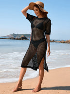 Spring Summer Seaside Holiday Maxi Dress Blouse Solid Color Short Sleeve Women Knitwear SERENDIPITY
