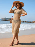 Spring Summer Seaside Holiday Maxi Dress Blouse Solid Color Short Sleeve Women Knitwear SERENDIPITY