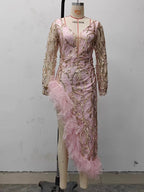Robe de soirée rose sexy à traîne en résille et sequins, fendue, pour femme, collection automne.