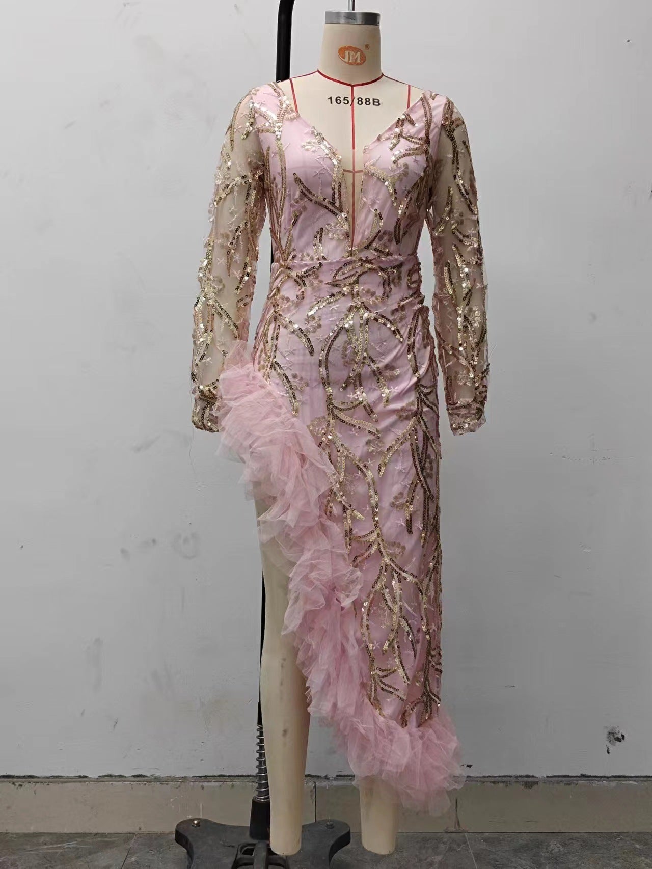 Robe de soirée rose sexy à traîne en résille et sequins, fendue, pour femme, collection automne.