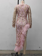 Robe de soirée rose sexy à traîne en résille et sequins, fendue, pour femme, collection automne.