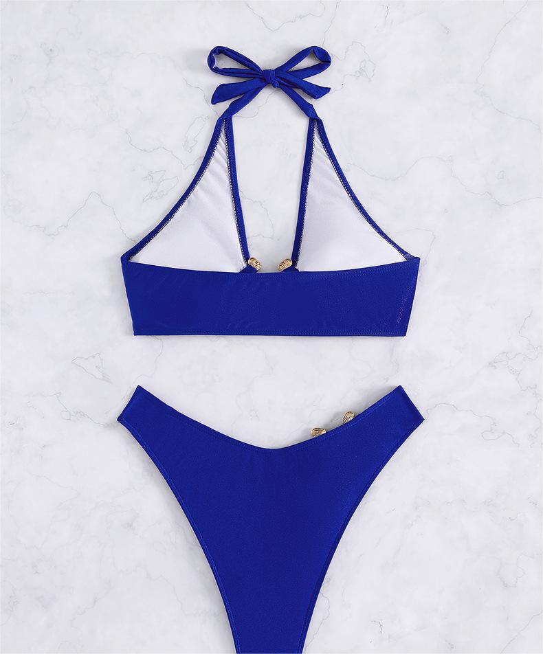 Traje de baño sexy dividido con accesorios de metal, bikini de color sólido con parte superior de tubo y cintura alta para mujer.