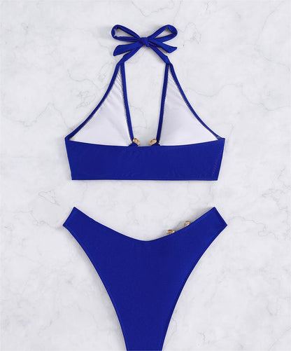 Traje de baño sexy dividido con accesorios de metal, bikini de color sólido con parte superior de tubo y cintura alta para mujer.