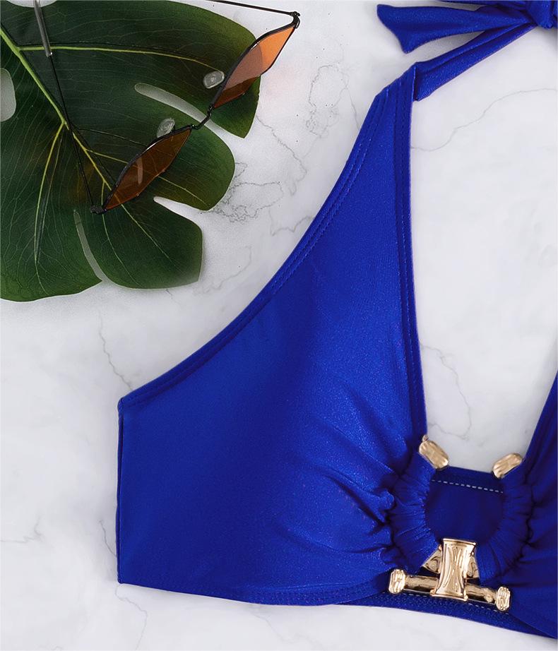 Traje de baño sexy dividido con accesorios de metal, bikini de color sólido con parte superior de tubo y cintura alta para mujer.