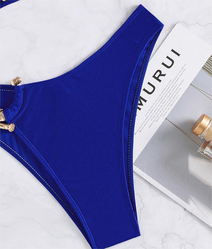 Traje de baño sexy dividido con accesorios de metal, bikini de color sólido con parte superior de tubo y cintura alta para mujer.