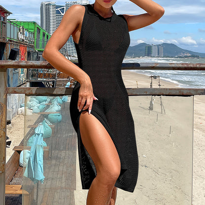 Beach Vacation Sexy Solid Color Round Neck Woven Texture High Slit Beach Sun Shield Hanfu Long Robe