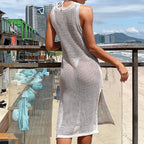 Beach Vacation Sexy Solid Color Round Neck Woven Texture High Slit Beach Sun Shield Hanfu Long Robe Tidee
