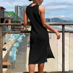 Beach Vacation Sexy Solid Color Round Neck Woven Texture High Slit Beach Sun Shield Hanfu Long Robe Tidee