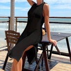 Beach Vacation Sexy Solid Color Round Neck Woven Texture High Slit Beach Sun Shield Hanfu Long Robe Tidee