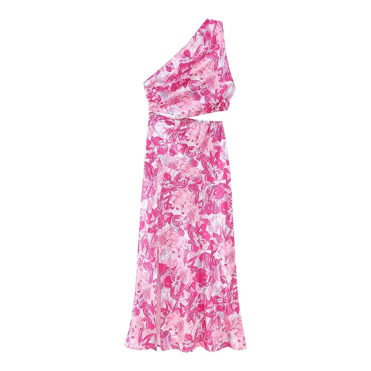Spring Women Pink Oblique Shoulder Printed Cropped Outfit Sleeveless Dress CHEN