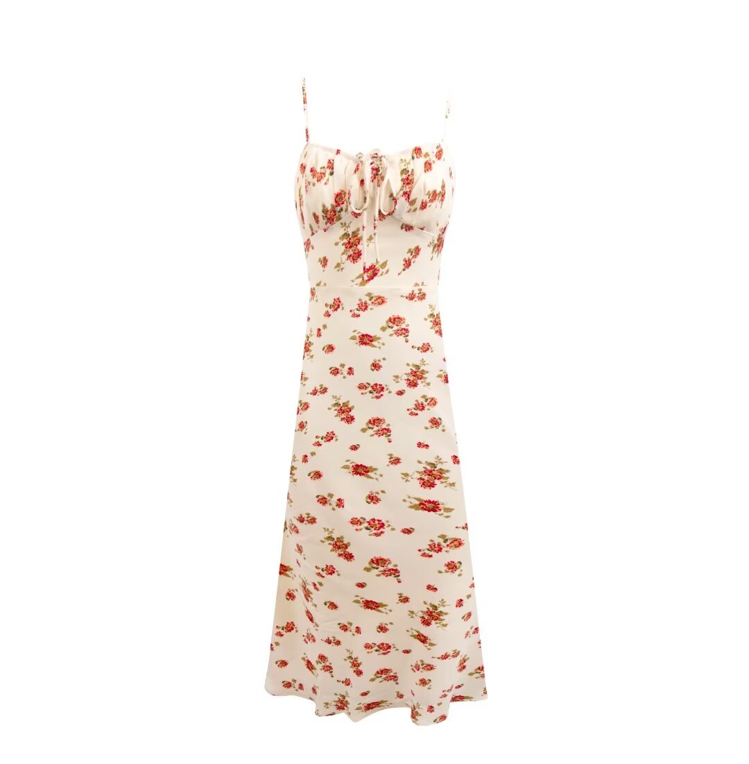 Early Spring Pastoral Beige Bottom Small Floral Holiday Casual Strap Dress PullWind