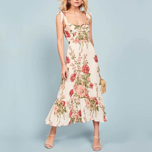 Spring Retro Vacation Floral Printing White Background Lace up Sleeveless Cami Dress