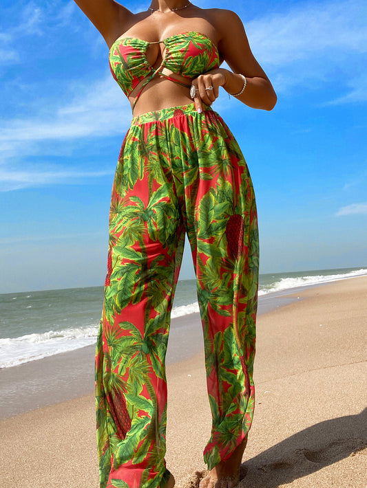 Bañador de mujer sexy de dos piezas con protección solar, bikini de tres piezas con tirantes y pantalones de natación