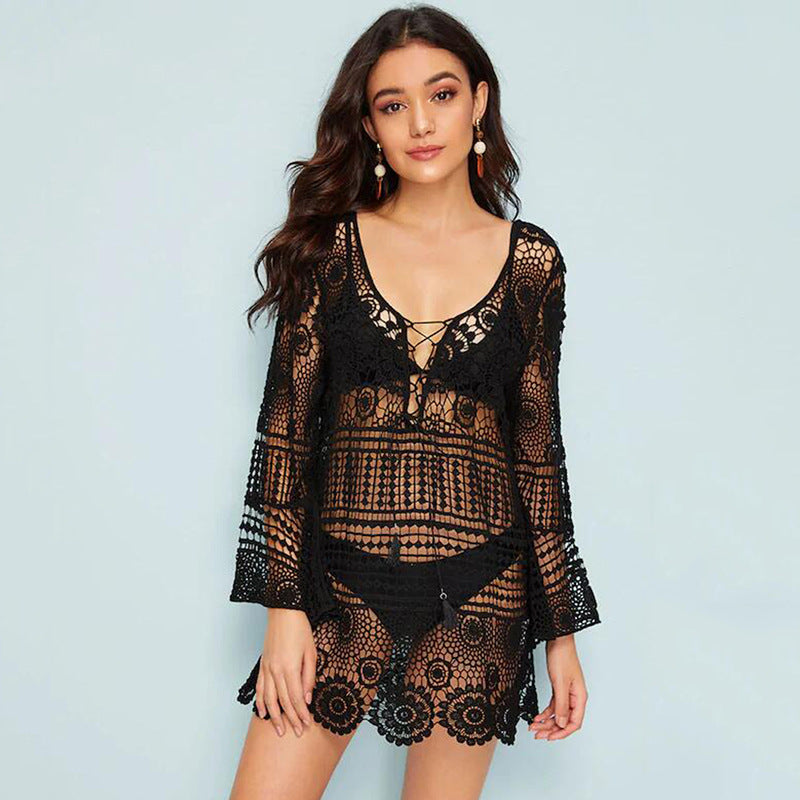 Bell Sleeve Water Soluble Hollow Out Cutout Loose Beach Cover Up Sun Proof Vacation Beach Dress Women Swimsuit Outer Wear EvenStar