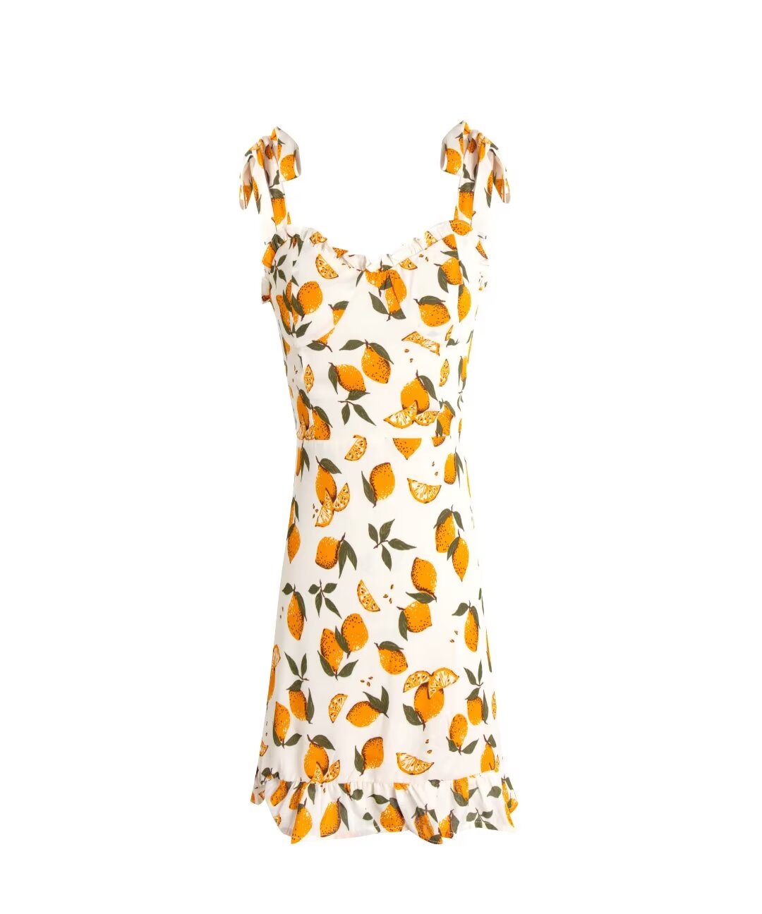 Summer Slim V Neck Fruit Printed Shoulder Tied Spaghetti Strap Dress Short Dress PullWind