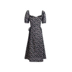 French Retro Square Collar Puff Sleeve Printed Dress Women Slim High Waist Lace up Midi Spring Summer PullWind