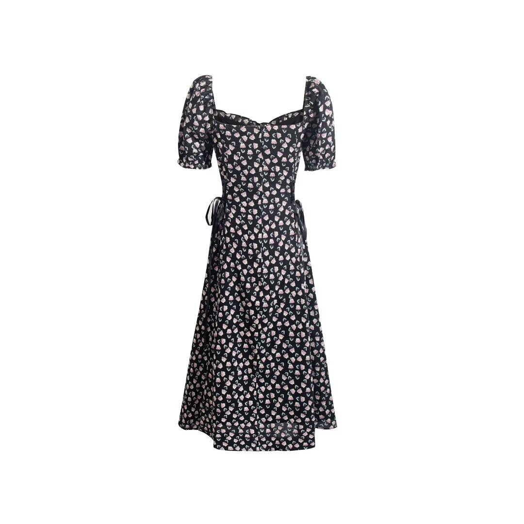 French Retro Square Collar Puff Sleeve Printed Dress Women Slim High Waist Lace up Midi Spring Summer PullWind