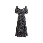 French Retro Square Collar Puff Sleeve Printed Dress Women Slim High Waist Lace up Midi Spring Summer PullWind