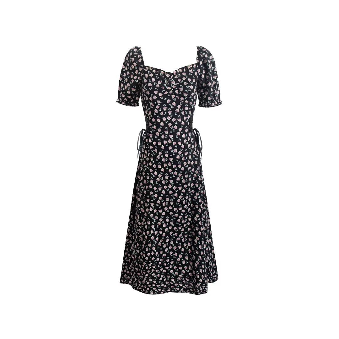 French Retro Square Collar Puff Sleeve Printed Dress Women Slim High Waist Lace up Midi Spring Summer PullWind