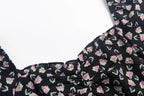 French Retro Square Collar Puff Sleeve Printed Dress Women Slim High Waist Lace up Midi Spring Summer PullWind