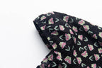 French Retro Square Collar Puff Sleeve Printed Dress Women Slim High Waist Lace up Midi Spring Summer PullWind