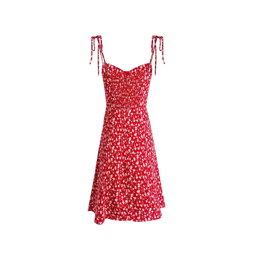Summer Women Clothing Red Floral Print Slim Strap Dress PullWind