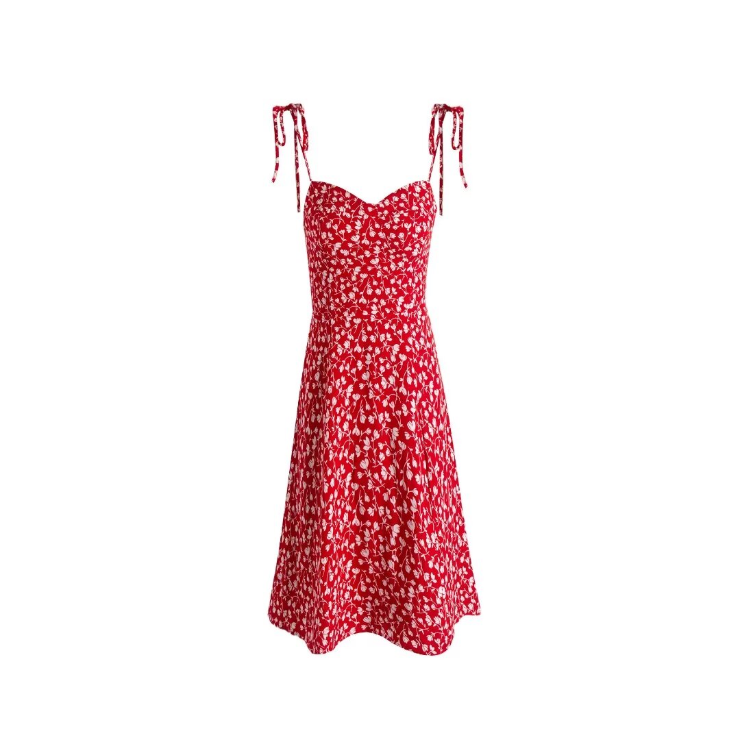 Summer Women Clothing Red Floral Print Slim Strap Dress PullWind