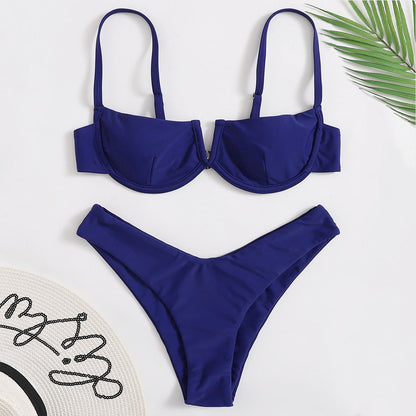 Swimsuit Women Steel Bracket Gathered Sexy Bikini Solid Color Bikini Swimsuit