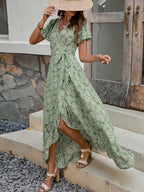 Summer New Women V neck Printed Short sleeved One piece Strap Dress Beach Holiday Style Big dress ANA