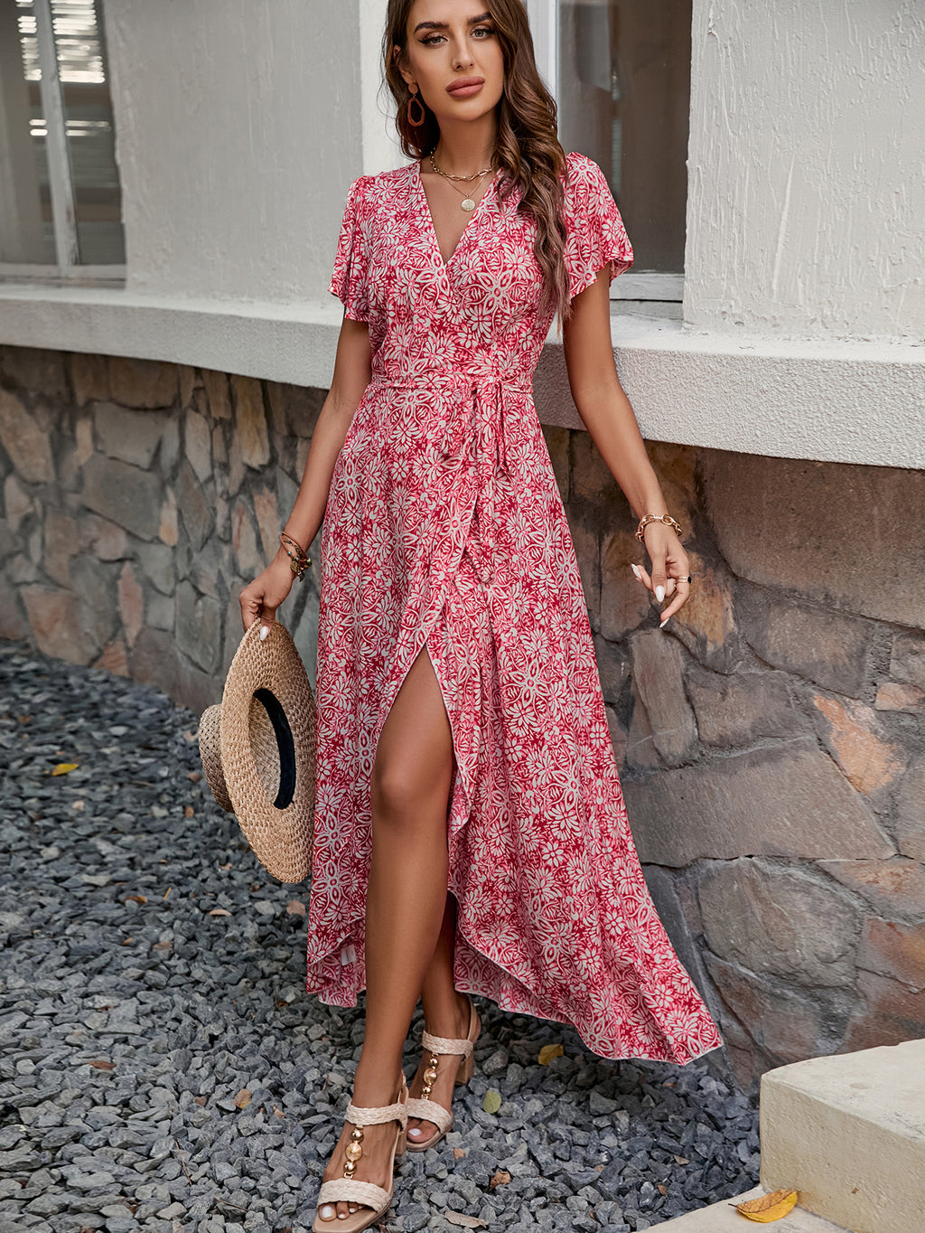 Summer New Women V neck Printed Short sleeved One piece Strap Dress Beach Holiday Style Big dress ANA