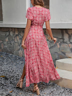 Summer New Women V neck Printed Short sleeved One piece Strap Dress Beach Holiday Style Big dress ANA