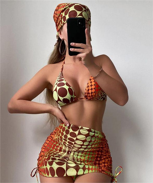 Traje de baño de cuatro piezas con cordón estampado y encaje dividido para mujer, bikini triangular sexy