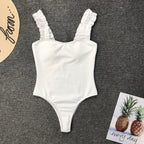 Women Bikini Solid Color Stringy Selvedge Shoulder Strap Sexy Swimsuit