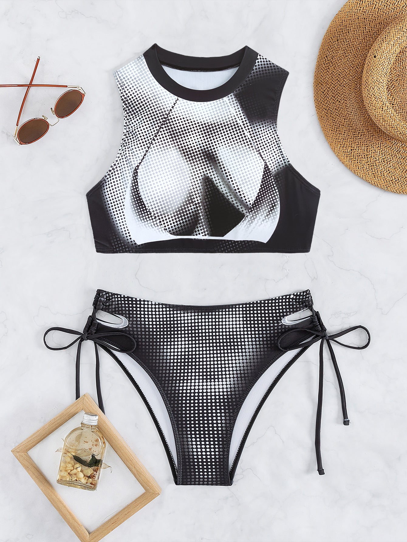 Bikini sexy para mujer, traje de baño deportivo blanco y negro con abertura