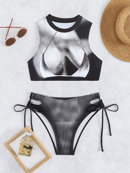 Bikini sexy para mujer, traje de baño deportivo blanco y negro con abertura