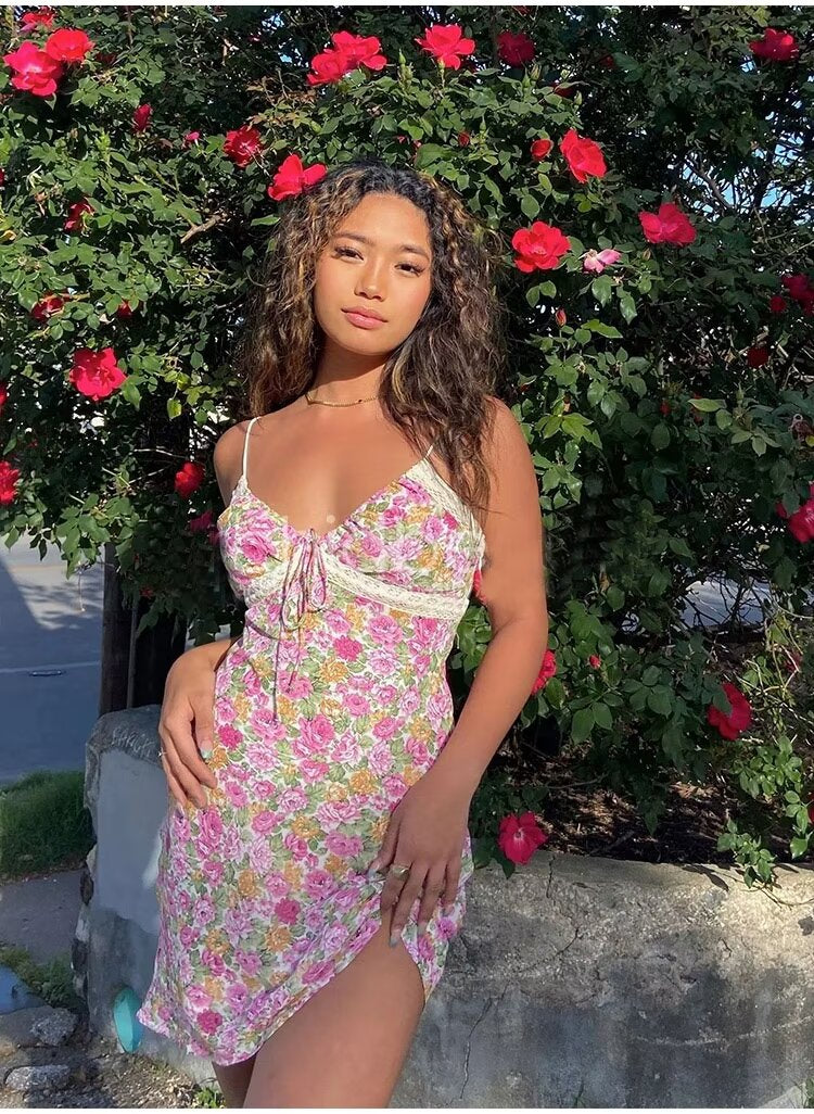Spring Street V Neck Lace Printed Dress Suspender Dress Camille